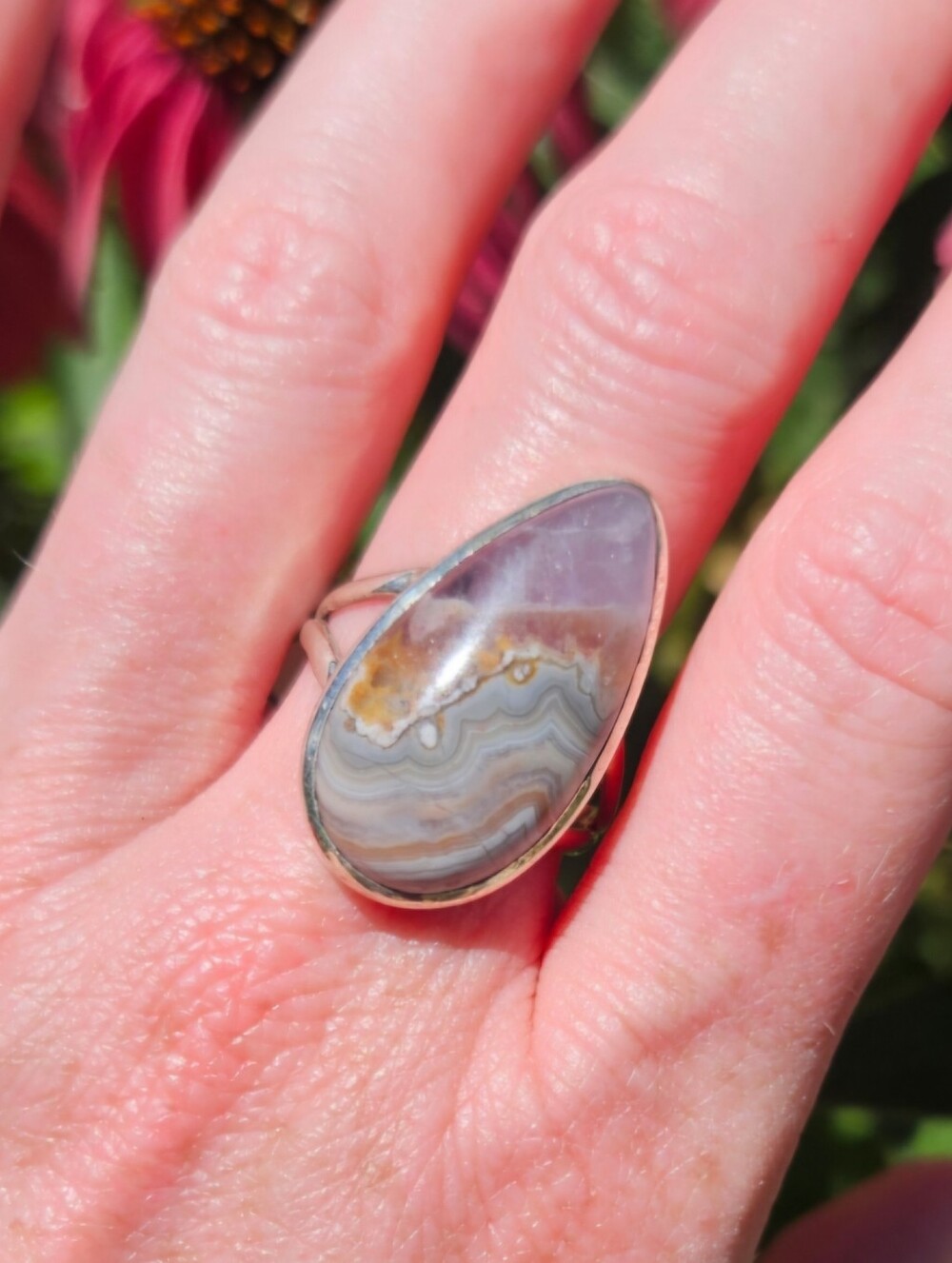 Botswana Agate Teardrop Sterling Silver Statement Ring Size 7 3/4